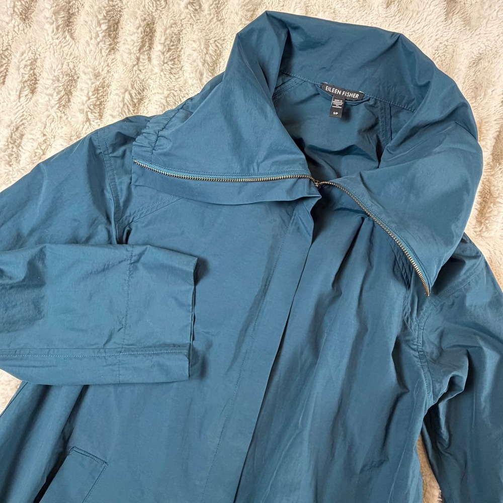 Eileen Fisher Teal Blue Organic Cotton Nylon Funnel Neck Jacket Small F19AKO